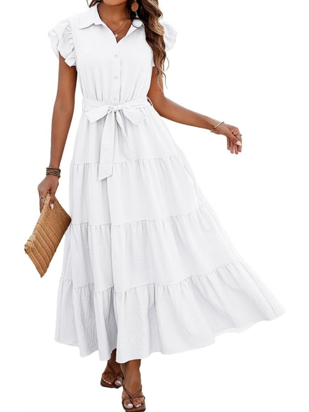 Boho Maxi Dress with Ruffle Sleeves, Button Detail & Belted Waist - Size Options